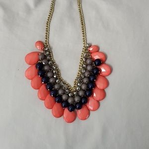 Coral, blue,grey and gold necklace